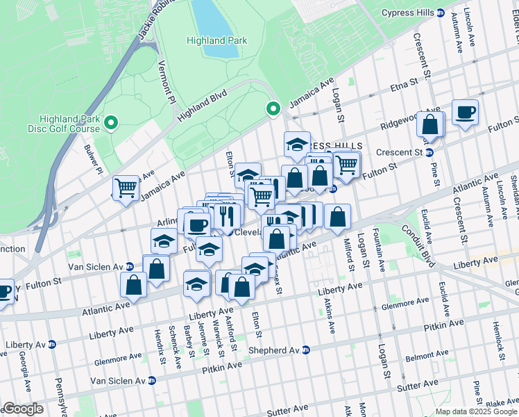 map of restaurants, bars, coffee shops, grocery stores, and more near 179 Linwood Street in Brooklyn