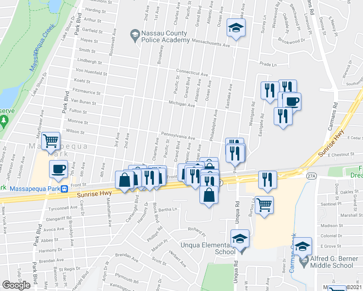 map of restaurants, bars, coffee shops, grocery stores, and more near 67 Grand Boulevard in Massapequa Park