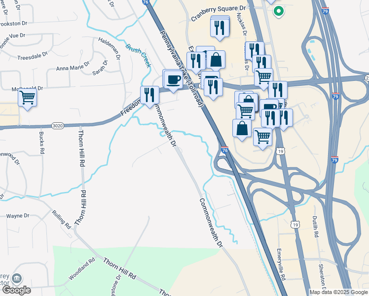 map of restaurants, bars, coffee shops, grocery stores, and more near 801 Commonwealth Drive in Warrendale
