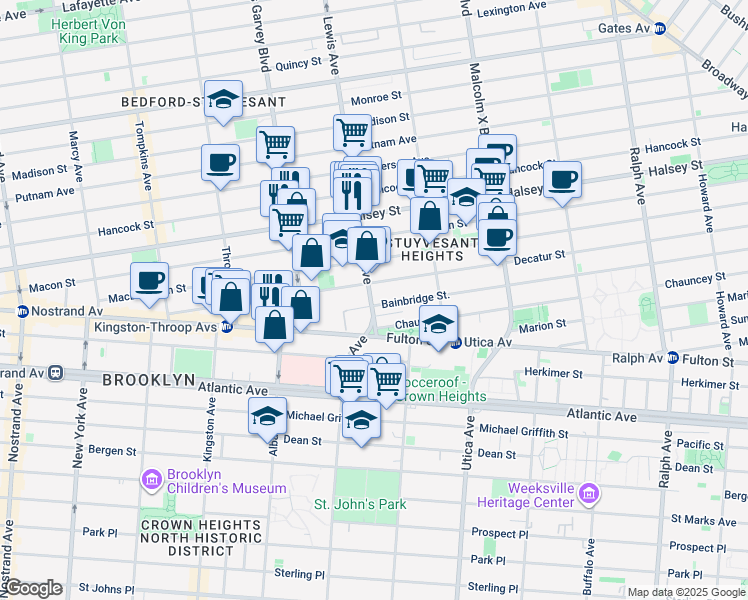 map of restaurants, bars, coffee shops, grocery stores, and more near 73 Bainbridge Street in Brooklyn