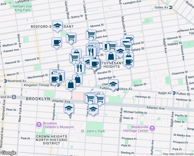 map of restaurants, bars, coffee shops, grocery stores, and more near 75 Bainbridge Street in Brooklyn