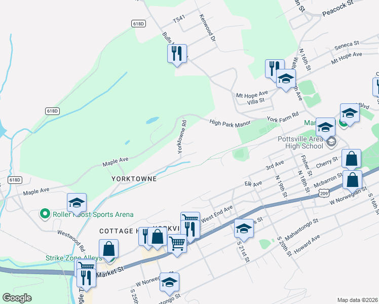 map of restaurants, bars, coffee shops, grocery stores, and more near 2049 Yokewood Road in Pottsville
