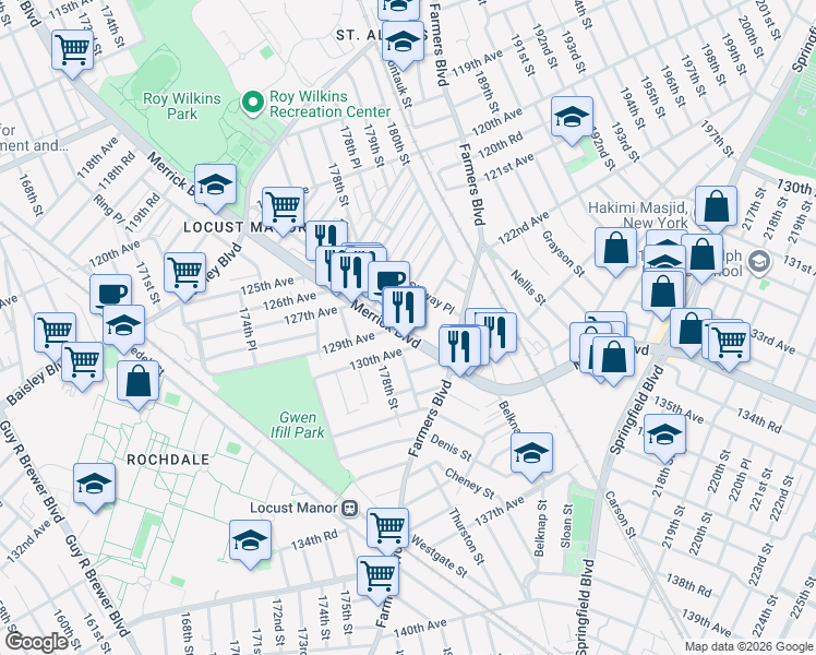map of restaurants, bars, coffee shops, grocery stores, and more near 178-17 Zoller Road in Queens