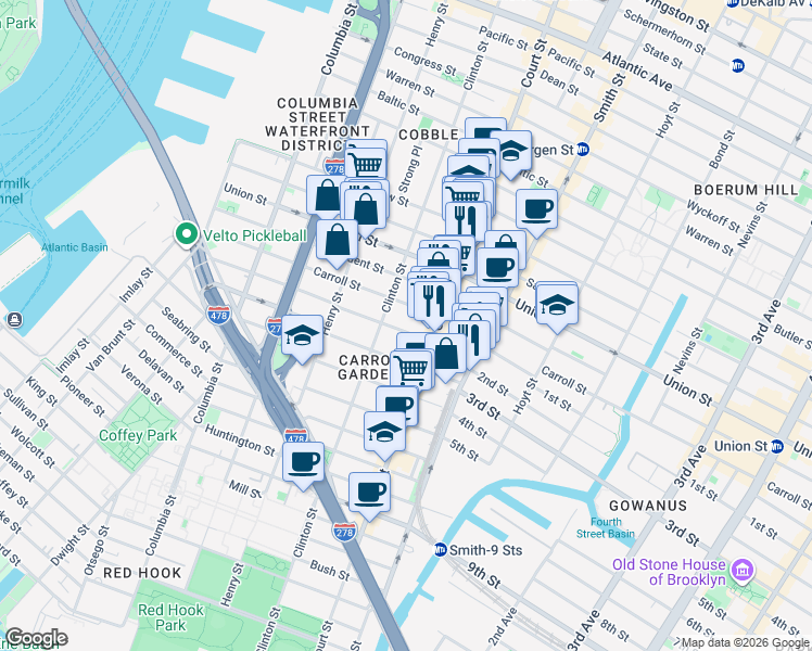 map of restaurants, bars, coffee shops, grocery stores, and more near 423 Clinton Street in Brooklyn