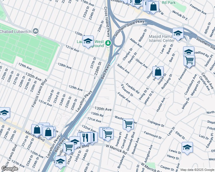 map of restaurants, bars, coffee shops, grocery stores, and more near 240-16 128th Avenue in Queens
