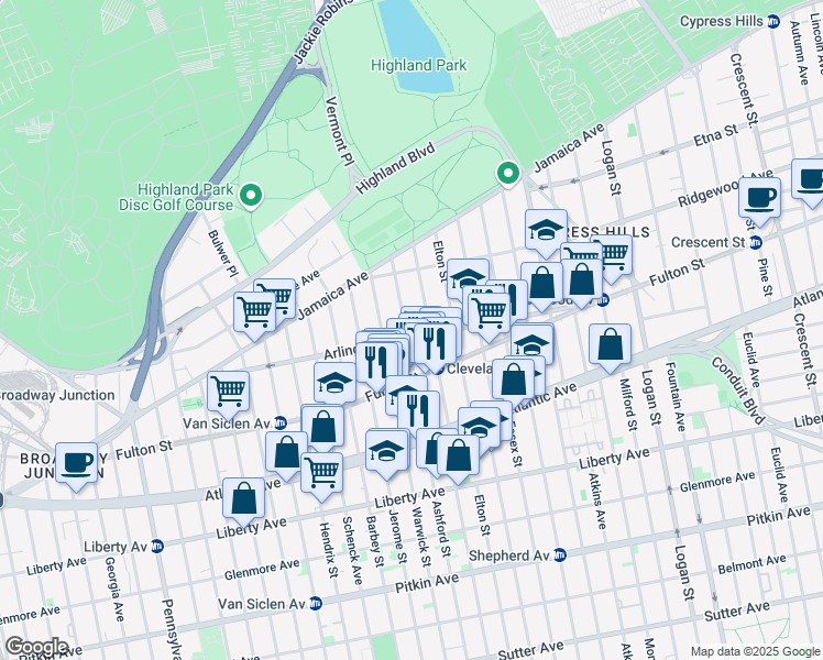 map of restaurants, bars, coffee shops, grocery stores, and more near 54 Ashford Street in Brooklyn