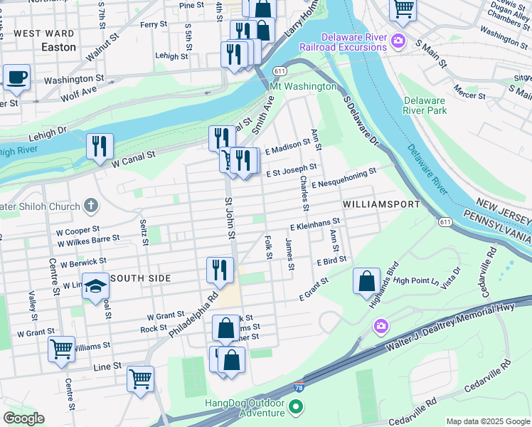 map of restaurants, bars, coffee shops, grocery stores, and more near 100 East Wilkes Barre Street in Easton