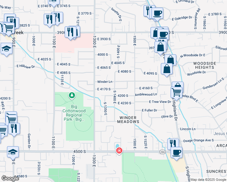 map of restaurants, bars, coffee shops, grocery stores, and more near 1368 Winder Lane in Millcreek