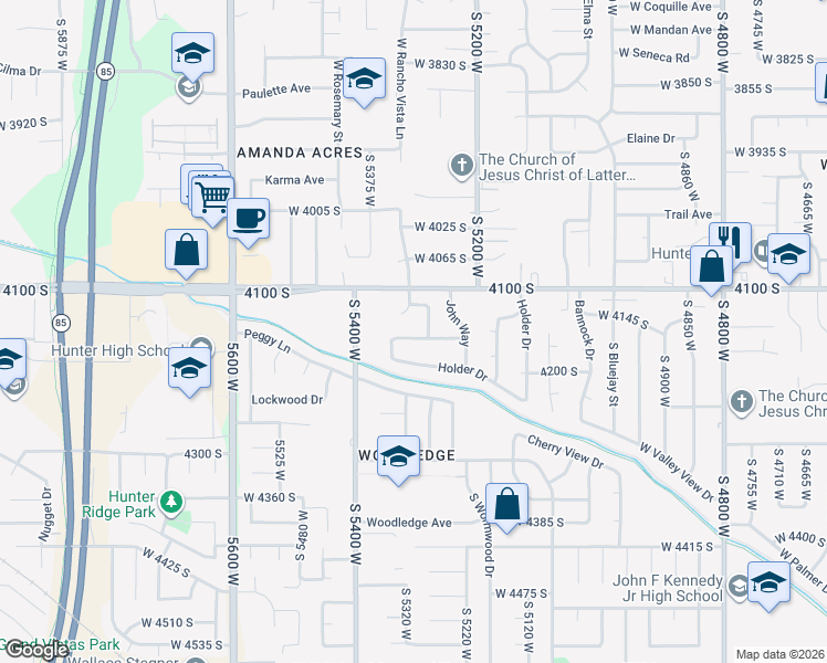 map of restaurants, bars, coffee shops, grocery stores, and more near 4123 Pointer Lane in West Valley City
