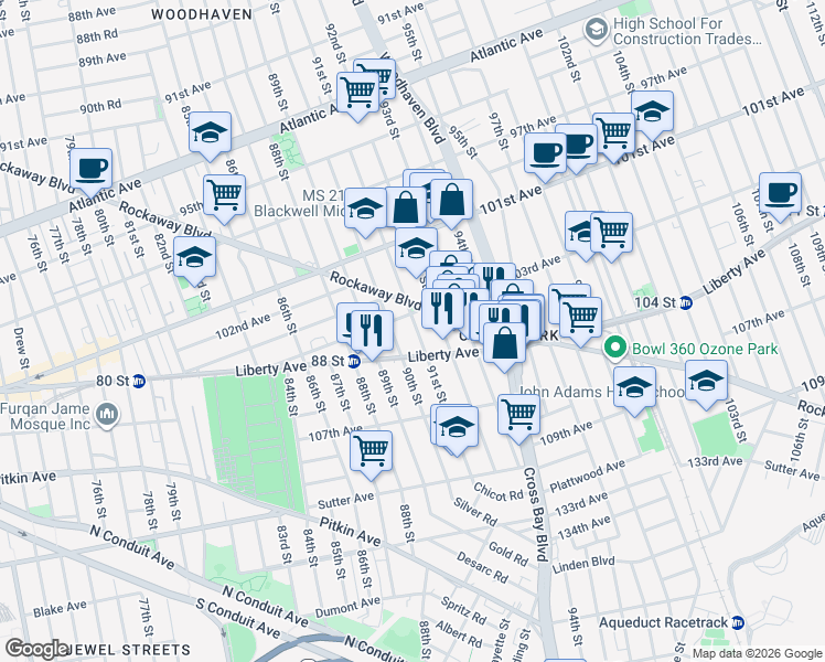 map of restaurants, bars, coffee shops, grocery stores, and more near 91-23 Rockaway Boulevard in Queens