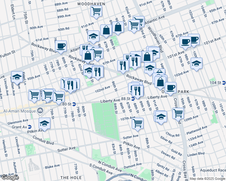 map of restaurants, bars, coffee shops, grocery stores, and more near 85-10 101st Avenue in Queens