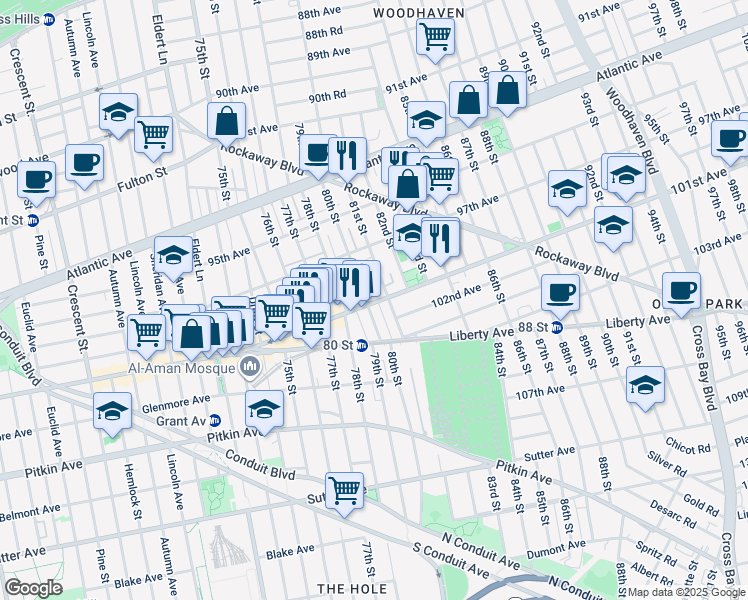 map of restaurants, bars, coffee shops, grocery stores, and more near 97-34 81st Street in Queens