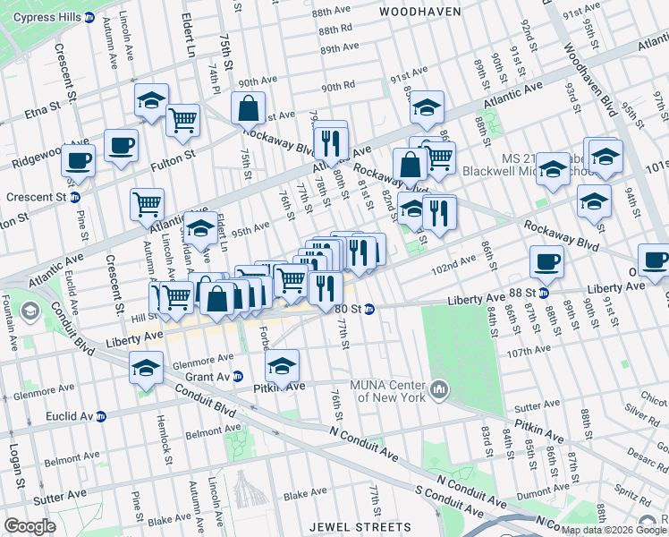 map of restaurants, bars, coffee shops, grocery stores, and more near 97-21 78th Street in Queens