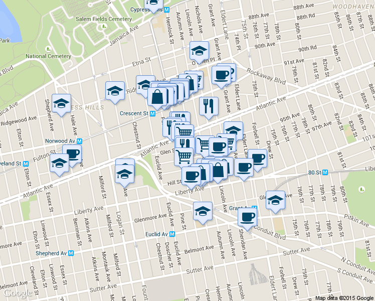 map of restaurants, bars, coffee shops, grocery stores, and more near 3420 Atlantic Avenue in Brooklyn