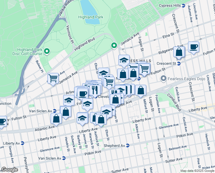 map of restaurants, bars, coffee shops, grocery stores, and more near 179 Linwood Street in Brooklyn