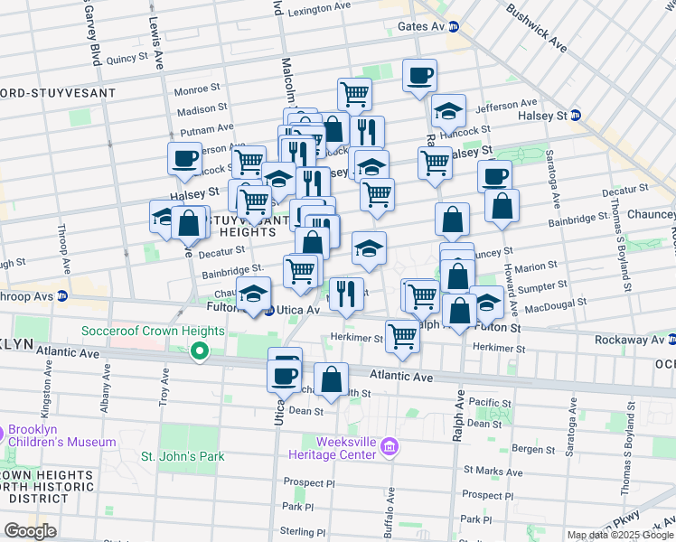 map of restaurants, bars, coffee shops, grocery stores, and more near 239 Bainbridge Street in Brooklyn