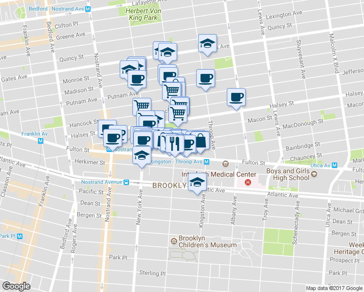 map of restaurants, bars, coffee shops, grocery stores, and more near 176 Macon Street in Brooklyn