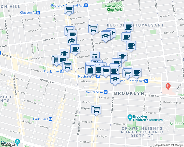 map of restaurants, bars, coffee shops, grocery stores, and more near 492 Nostrand Avenue in Brooklyn