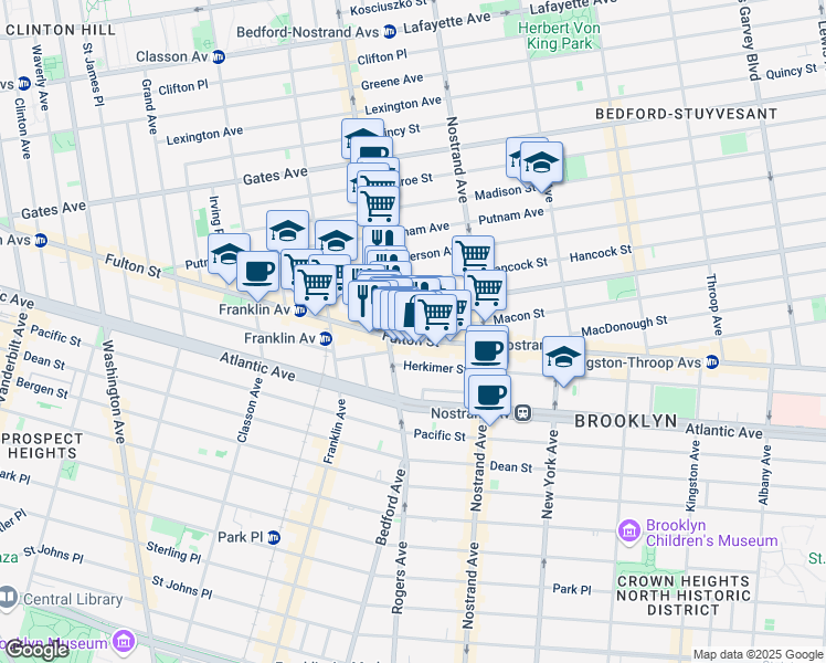map of restaurants, bars, coffee shops, grocery stores, and more near 1225 Fulton Street in Brooklyn