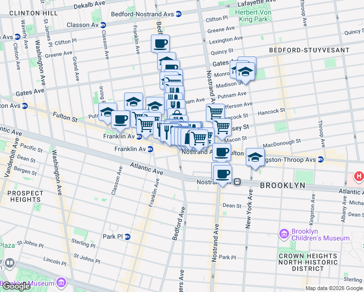 map of restaurants, bars, coffee shops, grocery stores, and more near 1225 Fulton Street in Brooklyn
