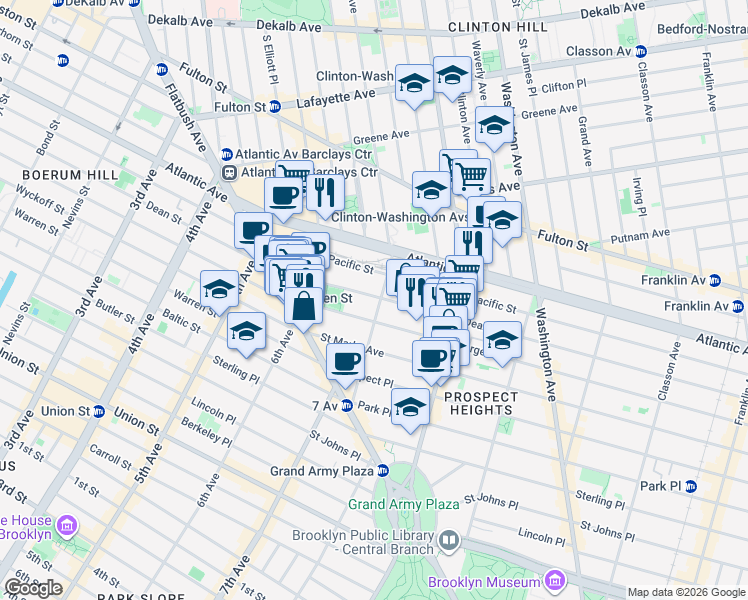 map of restaurants, bars, coffee shops, grocery stores, and more near 516 Carlton Avenue in Brooklyn