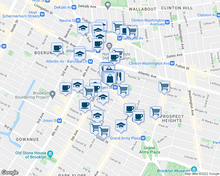 map of restaurants, bars, coffee shops, grocery stores, and more near 237 Flatbush Avenue in Brooklyn