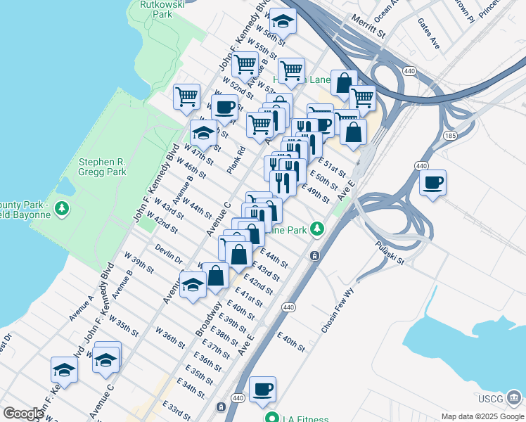 map of restaurants, bars, coffee shops, grocery stores, and more near 21 West 47th Street in Bayonne
