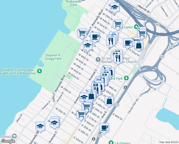 map of restaurants, bars, coffee shops, grocery stores, and more near 65-67 East 45th Street in Bayonne