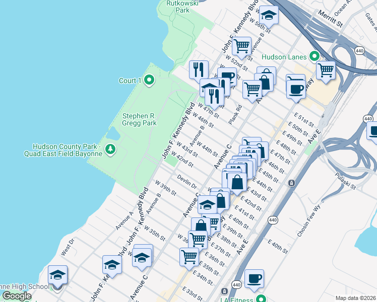 map of restaurants, bars, coffee shops, grocery stores, and more near 135 Avenue B in Bayonne