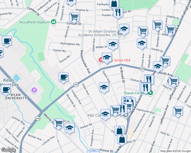 map of restaurants, bars, coffee shops, grocery stores, and more near 87 North Avenue in Hillside