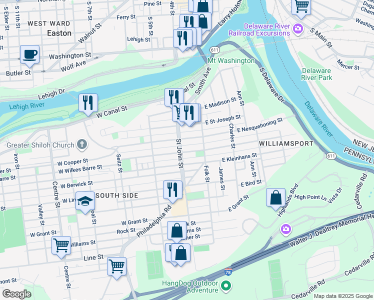 map of restaurants, bars, coffee shops, grocery stores, and more near 151 West Wilkes Barre Street in Easton