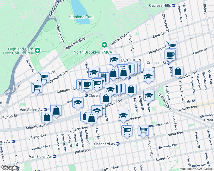 map of restaurants, bars, coffee shops, grocery stores, and more near 140 Shepherd Avenue in Brooklyn