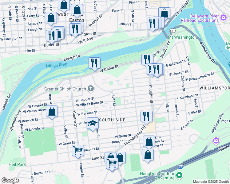 map of restaurants, bars, coffee shops, grocery stores, and more near 394 West Nesquehoning Street in Easton