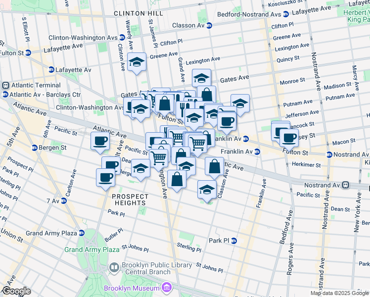 map of restaurants, bars, coffee shops, grocery stores, and more near 42 Lefferts Place in Brooklyn