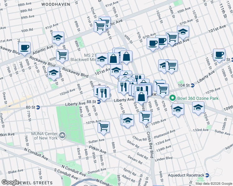 map of restaurants, bars, coffee shops, grocery stores, and more near 91-23 Rockaway Boulevard in Queens