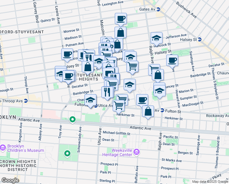 map of restaurants, bars, coffee shops, grocery stores, and more near 332 Malcolm X Boulevard in Brooklyn