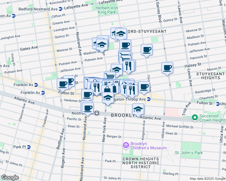 map of restaurants, bars, coffee shops, grocery stores, and more near 138 Macon Street in Brooklyn
