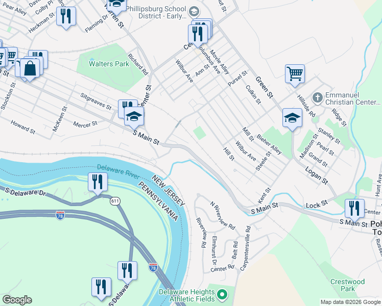 map of restaurants, bars, coffee shops, grocery stores, and more near 835 South Main Street in Phillipsburg