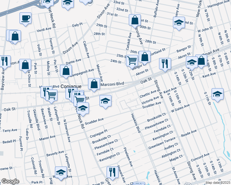 map of restaurants, bars, coffee shops, grocery stores, and more near 588 County Road 12 in Copiague