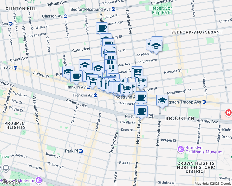 map of restaurants, bars, coffee shops, grocery stores, and more near 1225 Fulton Street in Brooklyn