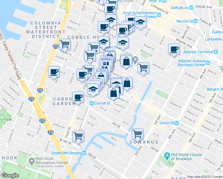 map of restaurants, bars, coffee shops, grocery stores, and more near 370 Union Street in Brooklyn