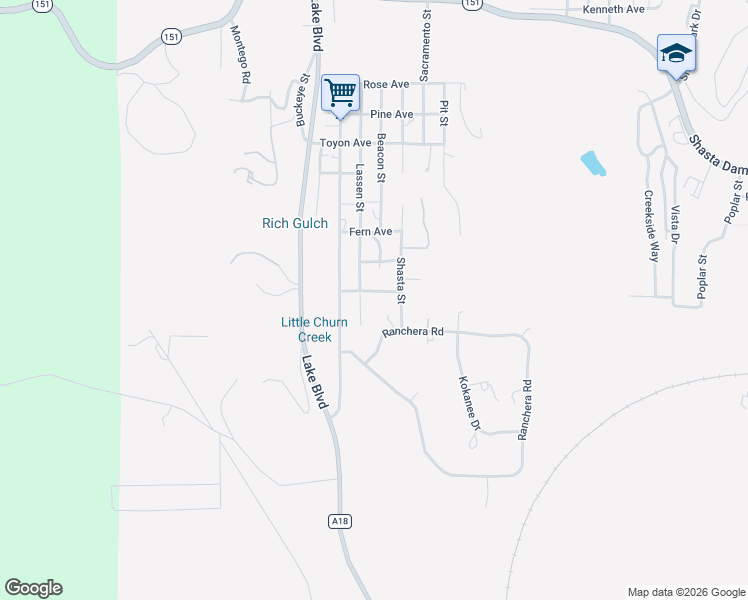 map of restaurants, bars, coffee shops, grocery stores, and more near 13101 Beacon Street in Shasta Lake