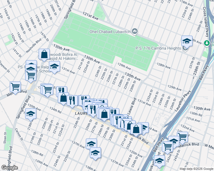 map of restaurants, bars, coffee shops, grocery stores, and more near 130-45 226th Street in Queens