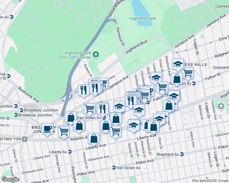 map of restaurants, bars, coffee shops, grocery stores, and more near 68 Barbey Street in Brooklyn