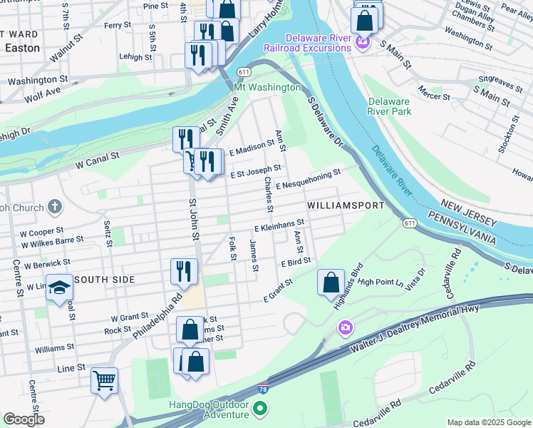 map of restaurants, bars, coffee shops, grocery stores, and more near 185 East Wilkes Barre Street in Easton