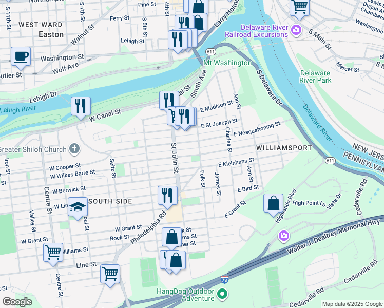 map of restaurants, bars, coffee shops, grocery stores, and more near 123 West Wilkes Barre Street in Easton