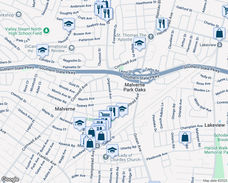 map of restaurants, bars, coffee shops, grocery stores, and more near 16 Seeley Court in Malverne