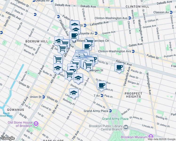 map of restaurants, bars, coffee shops, grocery stores, and more near Flatbush Ave & Bergen St in Brooklyn