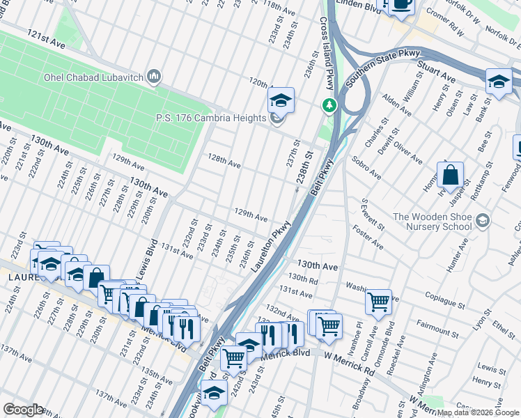 map of restaurants, bars, coffee shops, grocery stores, and more near 128-32 236th Street in Queens