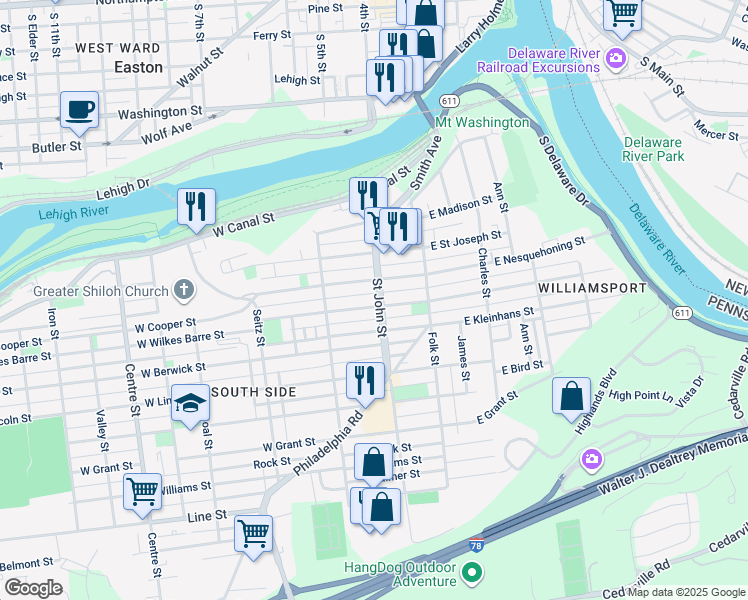 map of restaurants, bars, coffee shops, grocery stores, and more near 331 Saint John Street in Catasauqua